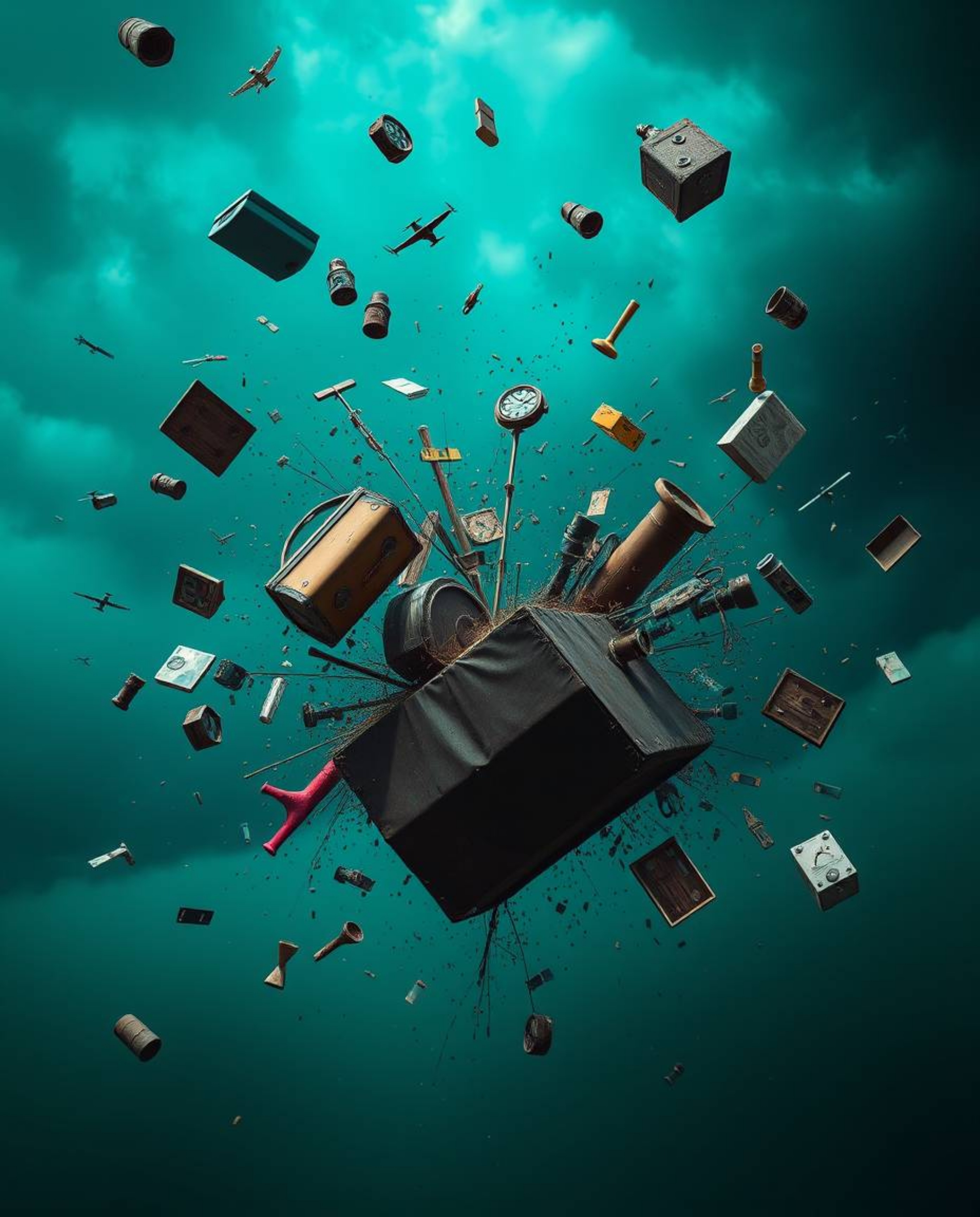 Immerse yourself in a fine art photograph showcasing a rich, deep teal palette and a surreal storm scene. Featuring flying ob