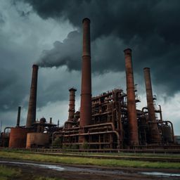 Explore a haunting industrial district characterized by its rusting factories, towering smokestacks, and imposing heavy machi