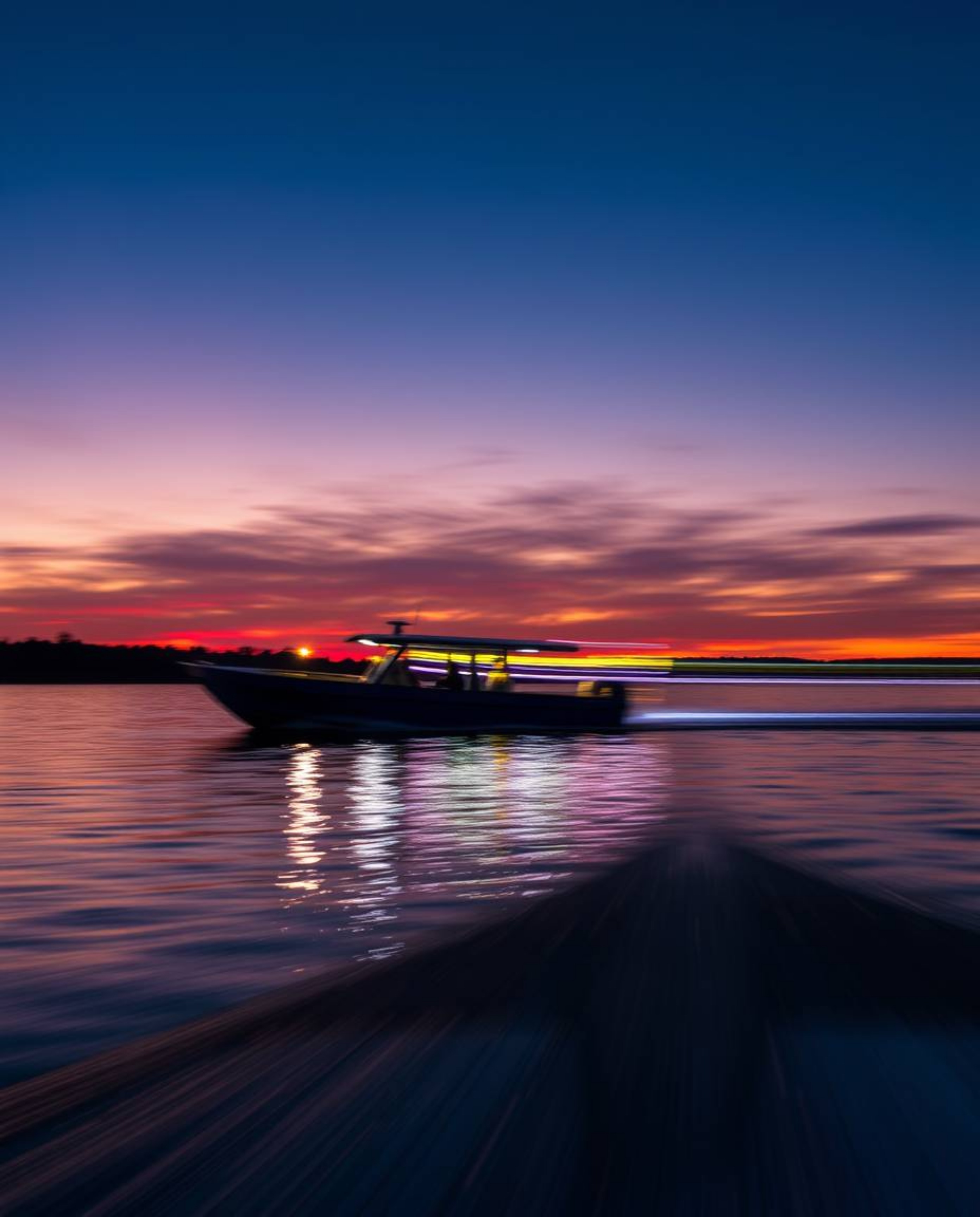 Long exposure photograph of a boat on a lake at sunset, iridescent colors create shimmering reflections and capture motion, l