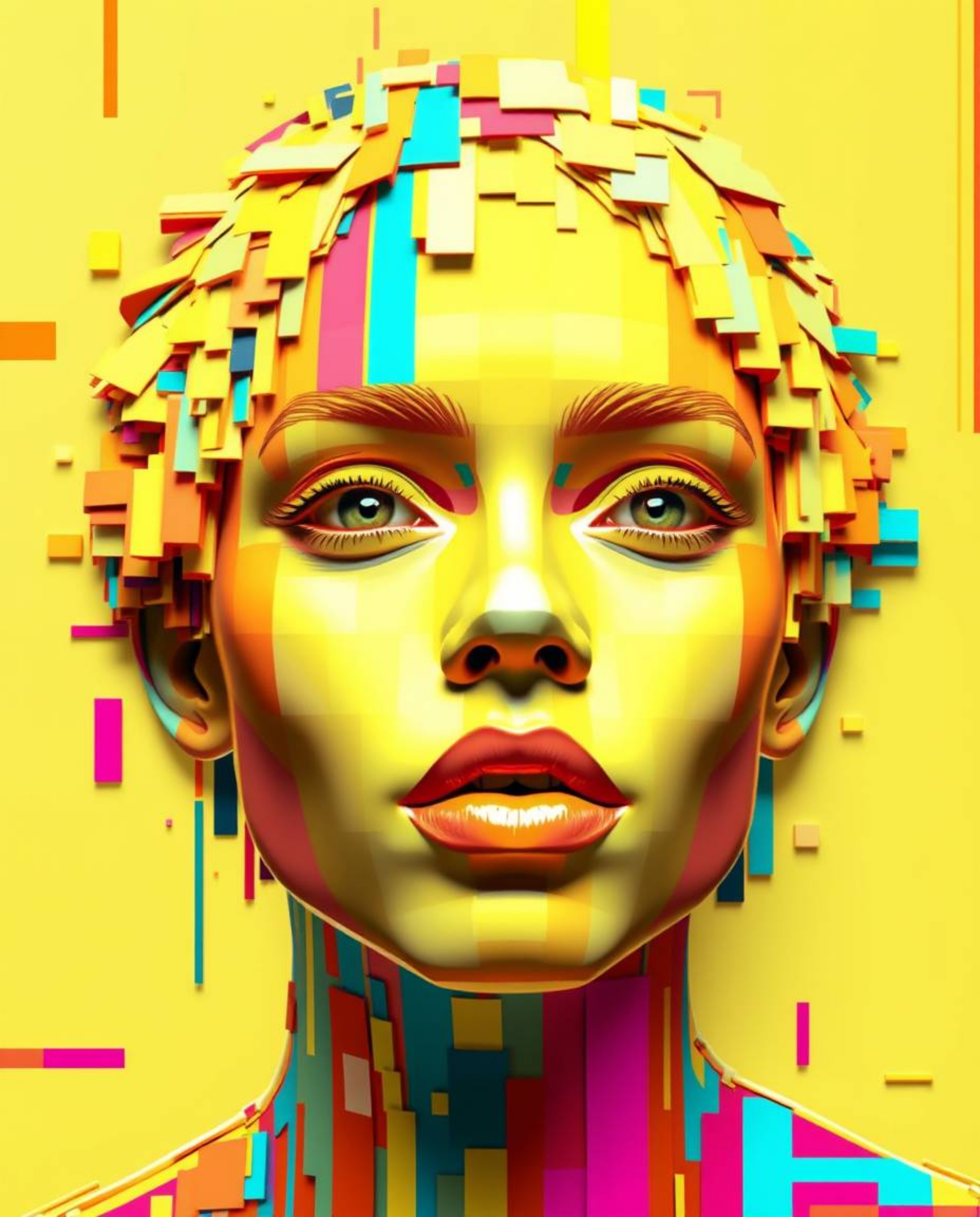 Explore stunning sculpted digital glitch art portraits featuring a pixelated style and bright, vibrant colors. These lively a