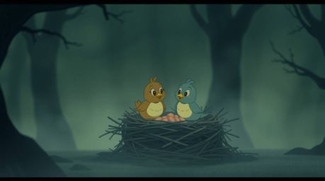 A captivating image showcases two cartoon birds diligently constructing a nest in a classic animation style. The scene is imb