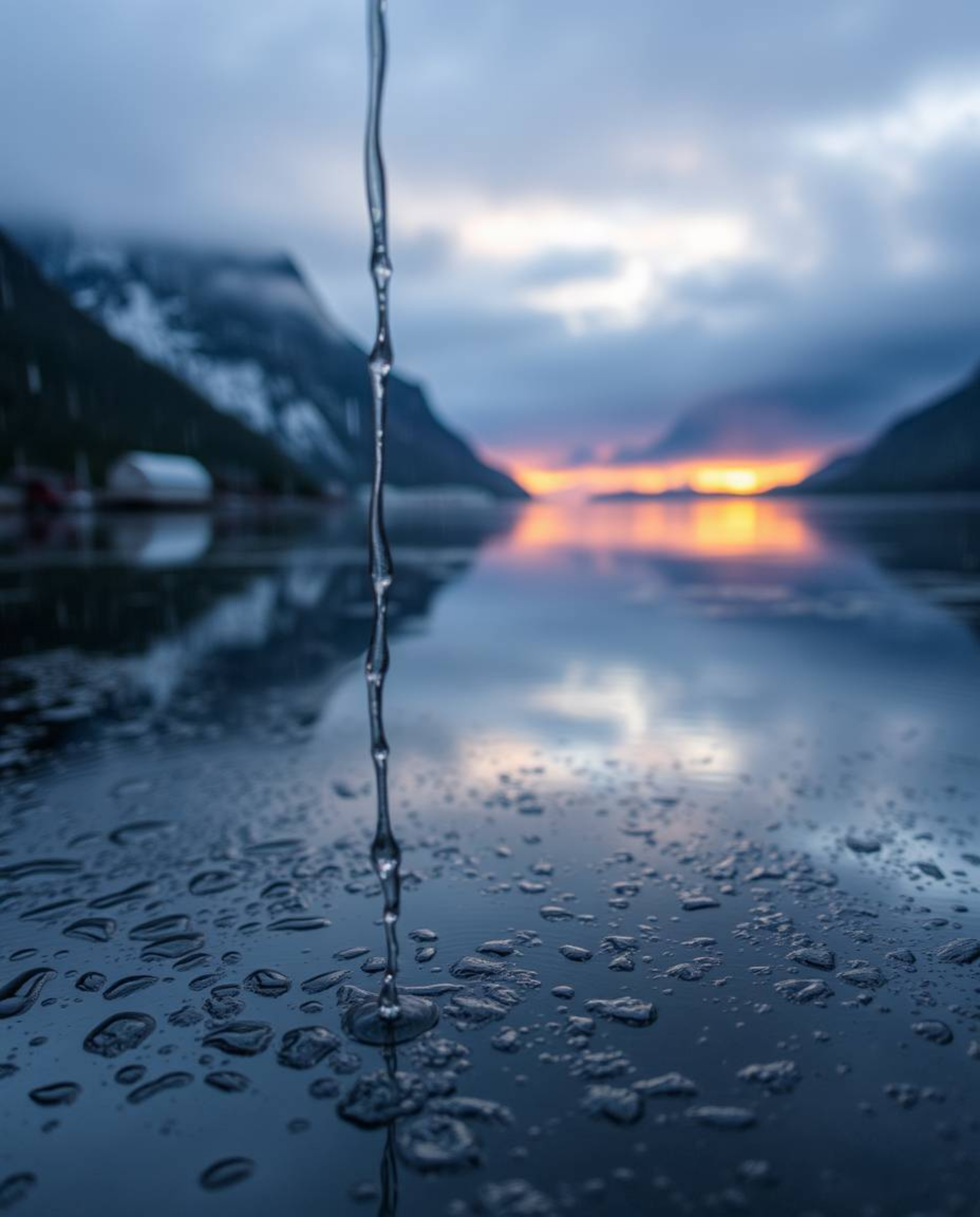 A close-up shot of a wet, rainy scene captures the reflection of a sunset in a glassy fjord. The artwork has a detailed focus