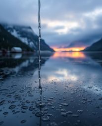 A close-up shot of a wet, rainy scene captures the reflection of a sunset in a glassy fjord. The artwork has a detailed focus