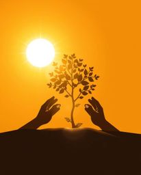 A modern, flat design image featuring hands planting a tree under a radiant golden sky. The artwork utilizes simple, two-dime