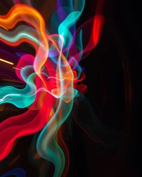 A visually stunning and dynamic abstract photograph capturing the interplay of colorful 3D fluid shapes and geometric forms. 