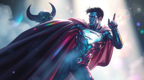 Witness an epic yet whimsical battle as an iridescent superhero, cape shimmering and bathed in ethereal reflections, faces of