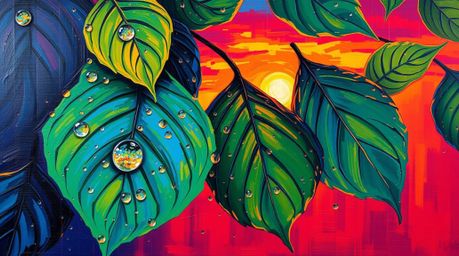 This bold acrylic painting captures the beauty of a sunset reflected in raindrops clinging to leaves.  The artwork is charact