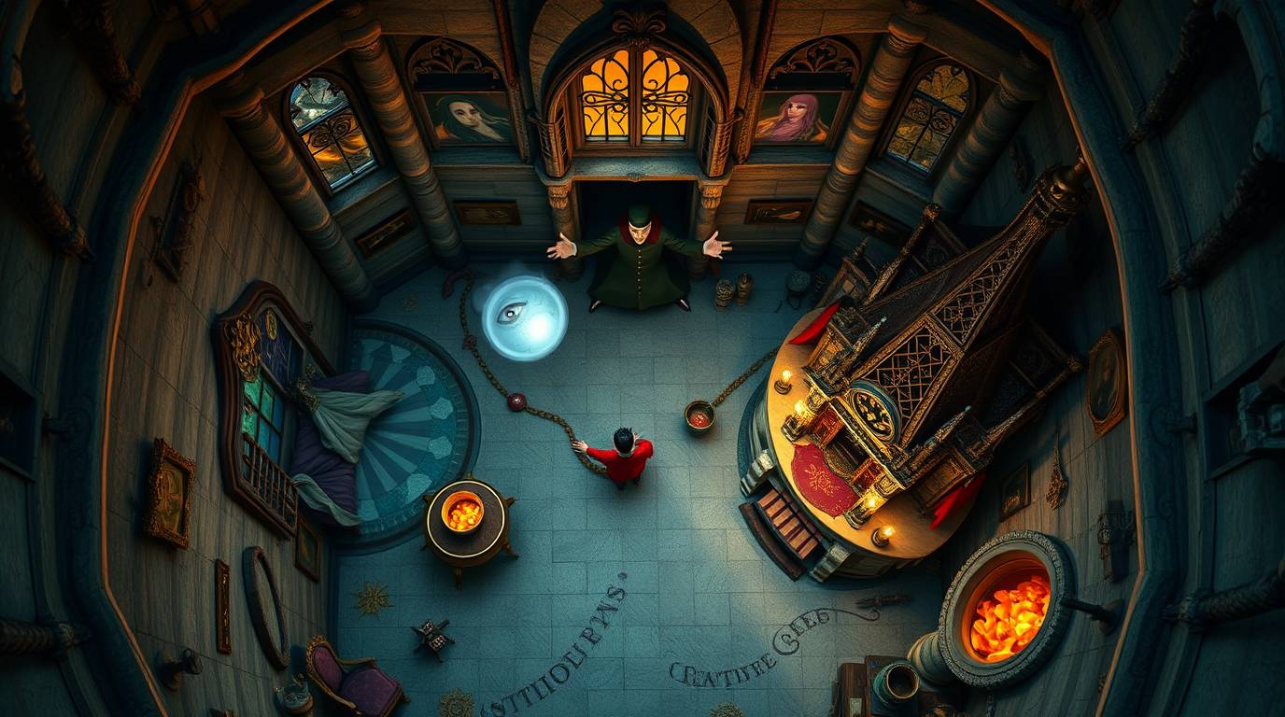 A bird's-eye view showcases a classic Disney villain casting a spell within a dreamlike, surreal old castle filled with fanta
