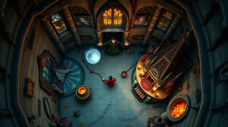 A bird's-eye view showcases a classic Disney villain casting a spell within a dreamlike, surreal old castle filled with fanta