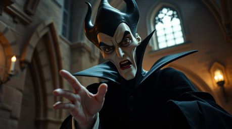 A captivating image of a classic Disney villain, reminiscent of vintage film noir, casting a spell within the ancient walls o