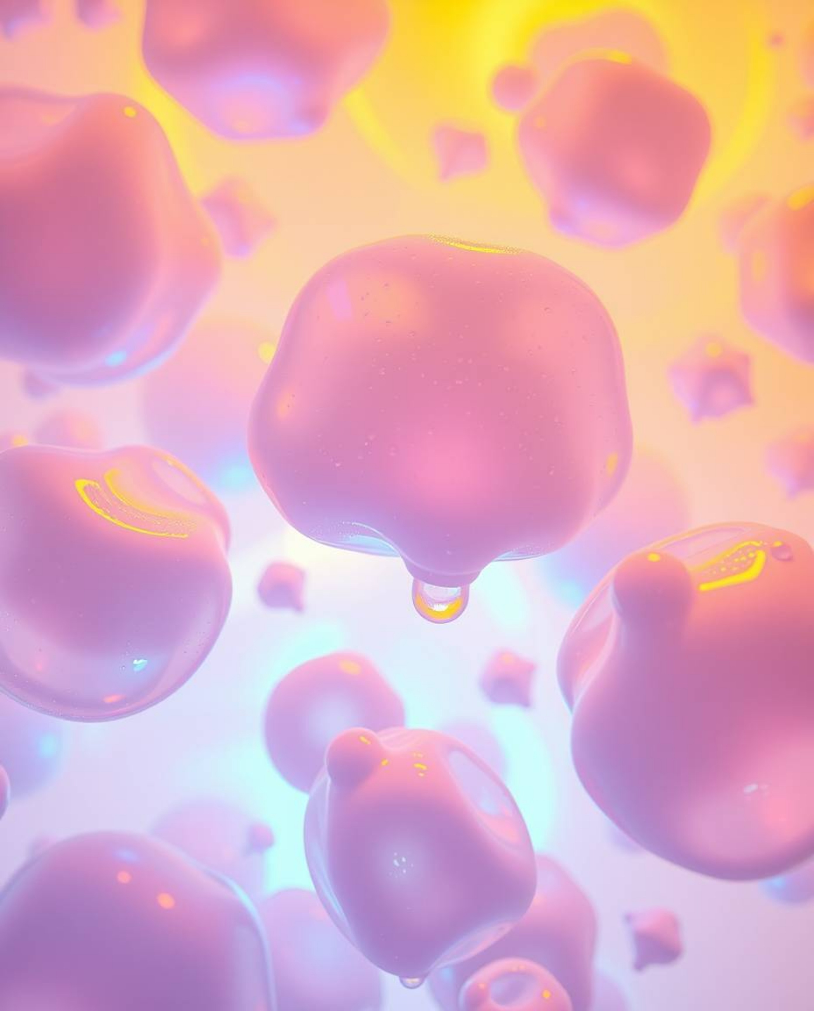 Experience an ethereal spiritual vibe with this stunning digital artwork featuring warm golden glows and floating 3D blobs of