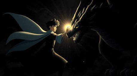 A charming prince with a light aura engages in an intense battle against a dragon, rendered in an ethereal 1950s animation st