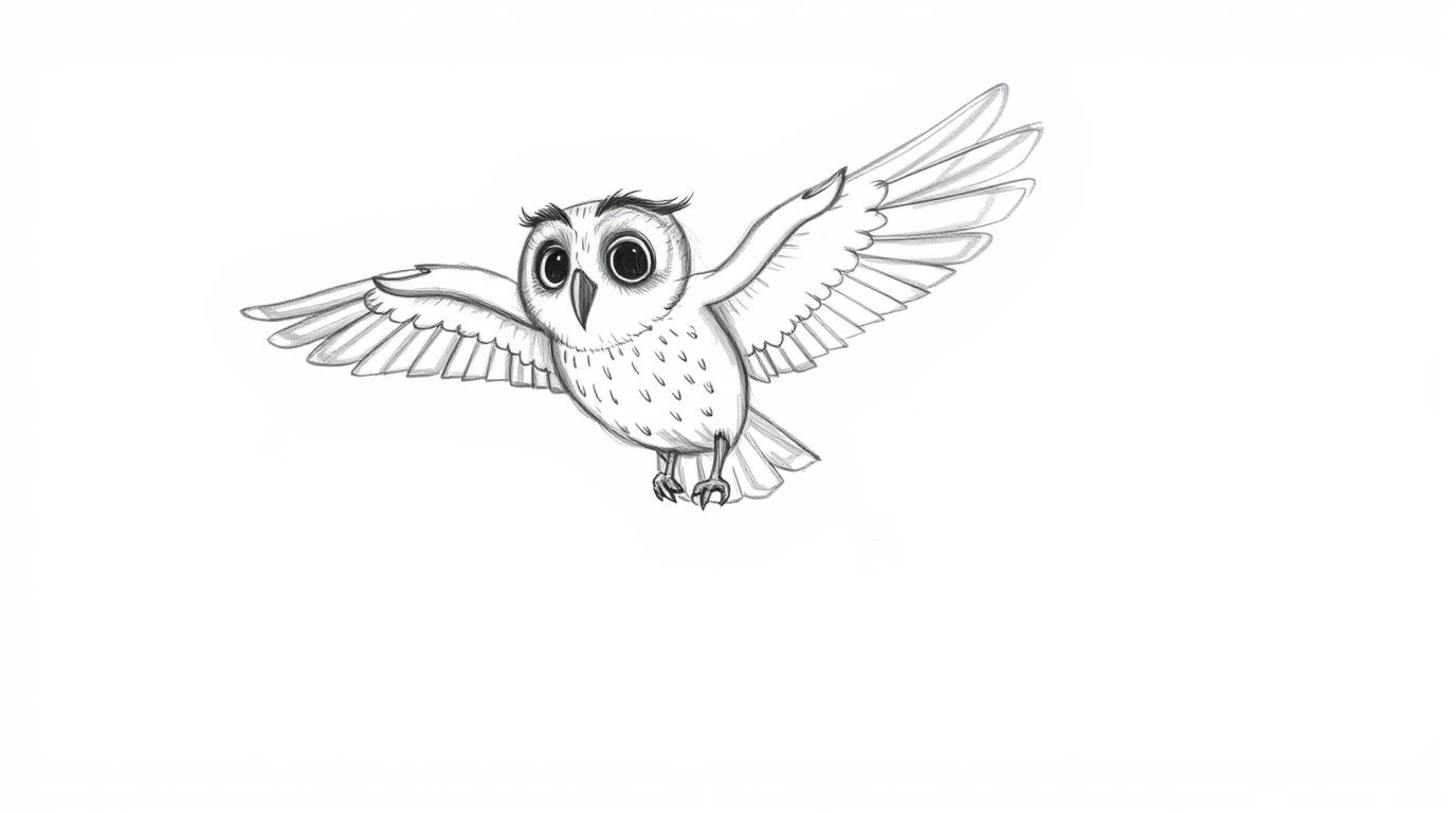 A heartwarming hand-drawn sketch in the style of Pixar depicts a blind owl, mid-flight and leaving a trail of feathers, patie