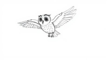 A heartwarming hand-drawn sketch in the style of Pixar depicts a blind owl, mid-flight and leaving a trail of feathers, patie