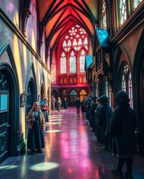 Explore the enchanting architecture of a magical school for young wizards, captured through precise color photography enhance