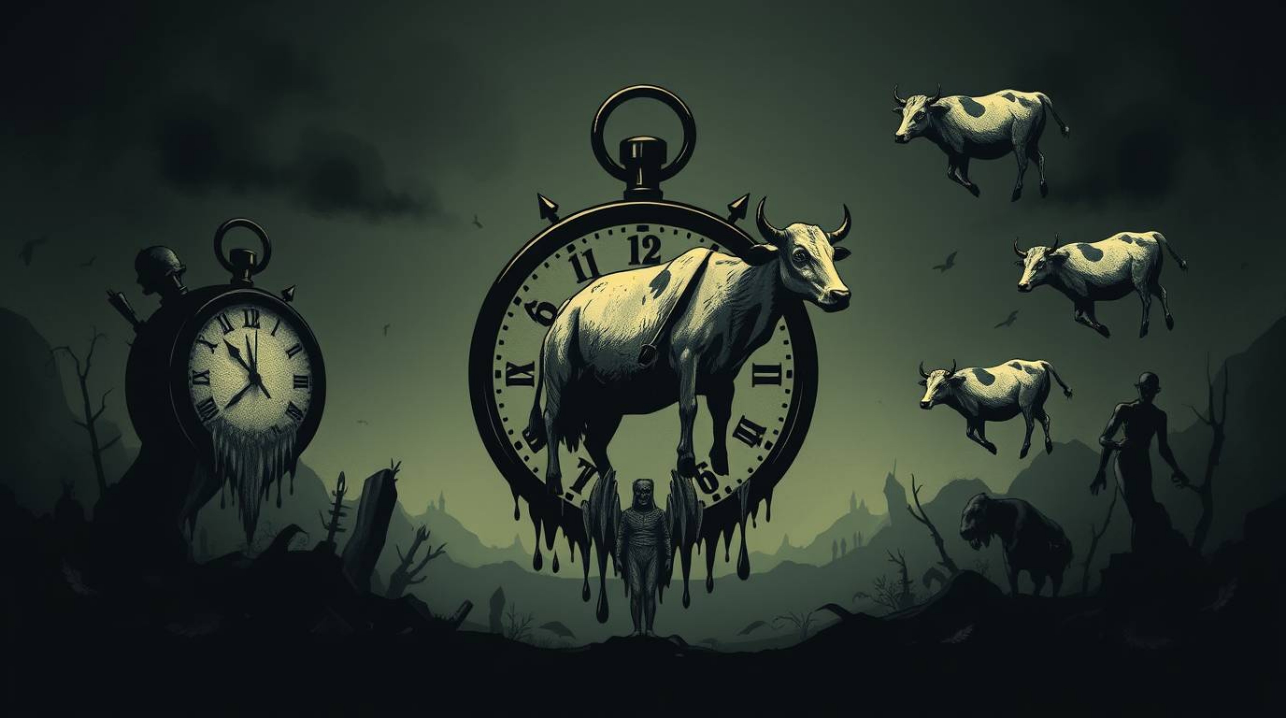 This eerie and creepy logo is inspired by a surreal dreamscape featuring melting clocks and floating cows. Rendered in dark t