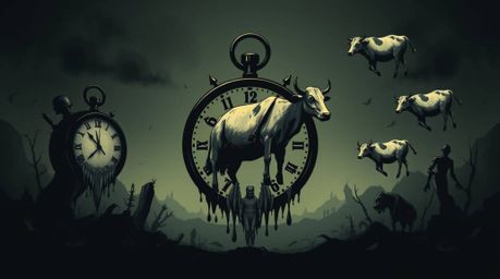 This eerie and creepy logo is inspired by a surreal dreamscape featuring melting clocks and floating cows. Rendered in dark t