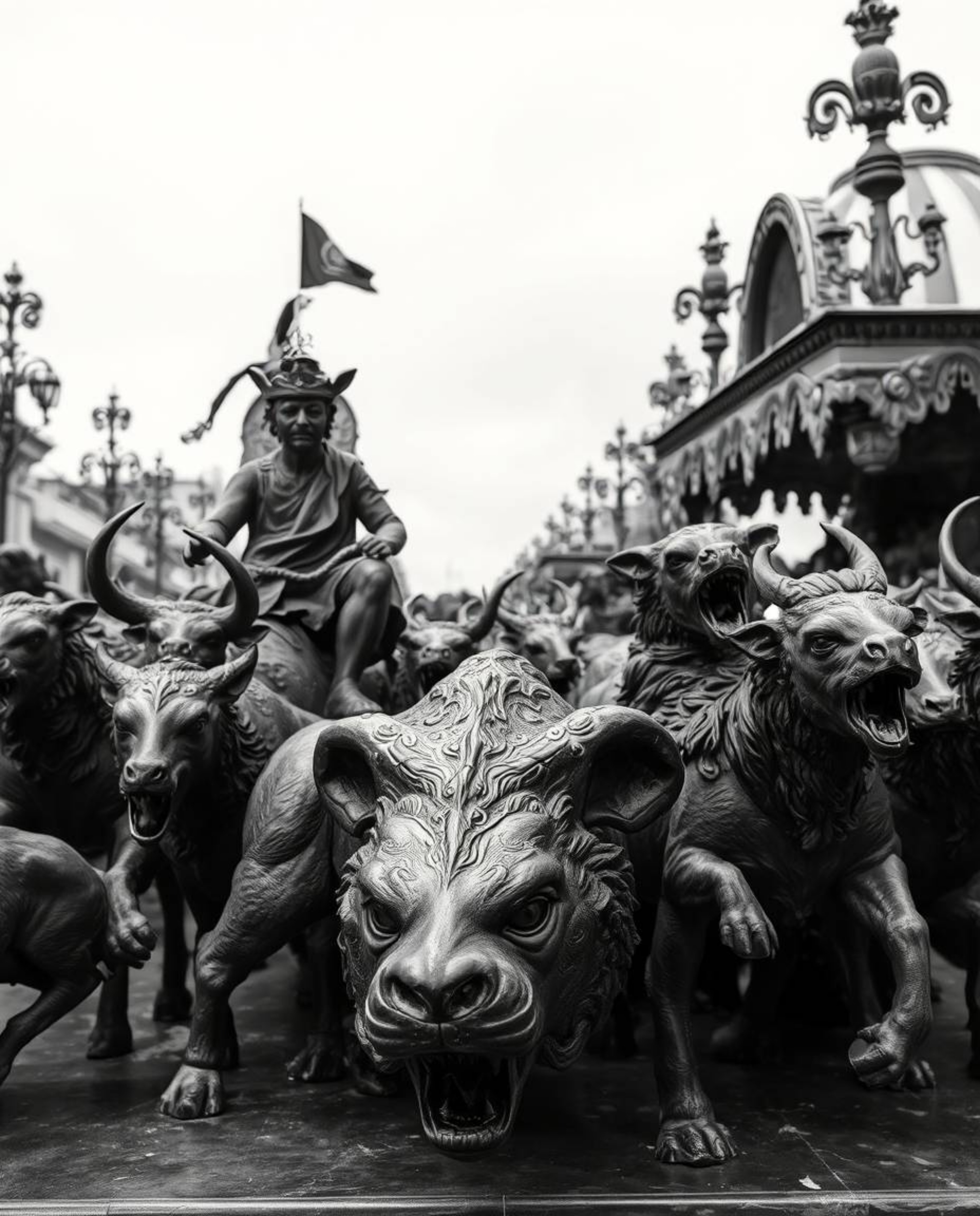 Explore a captivating classic black and white image depicting a carnival surprisingly overtaken by wild animals. The artwork 