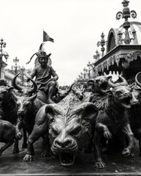 Explore a captivating classic black and white image depicting a carnival surprisingly overtaken by wild animals. The artwork 