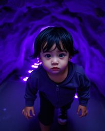 Capture the magic of a candid street scene where a child with dark hair and a curious expression dynamically follows glowing 