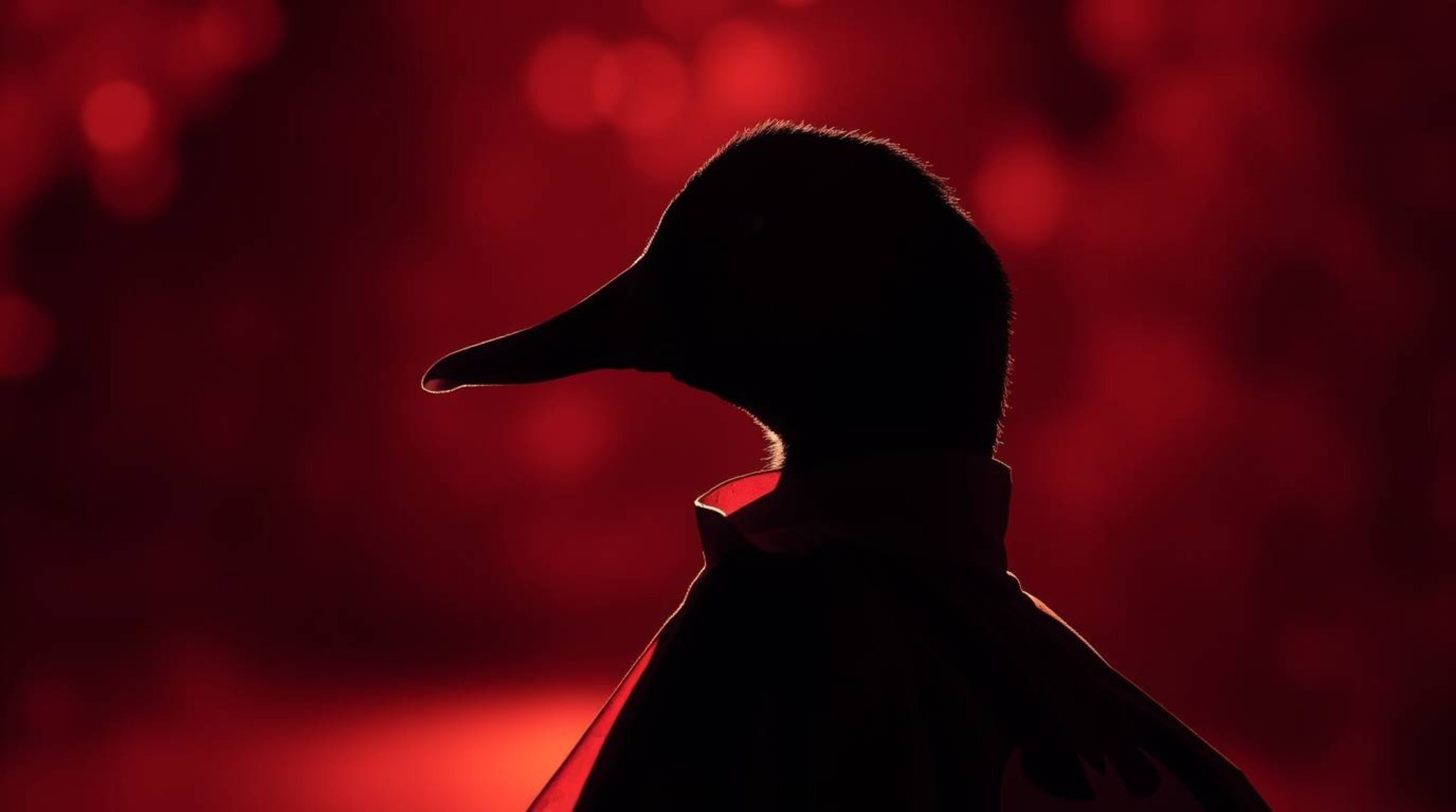 This image features a striking close-up shot of a silhouetted duck dressed in a superhero costume.  Backlit with surreal infr