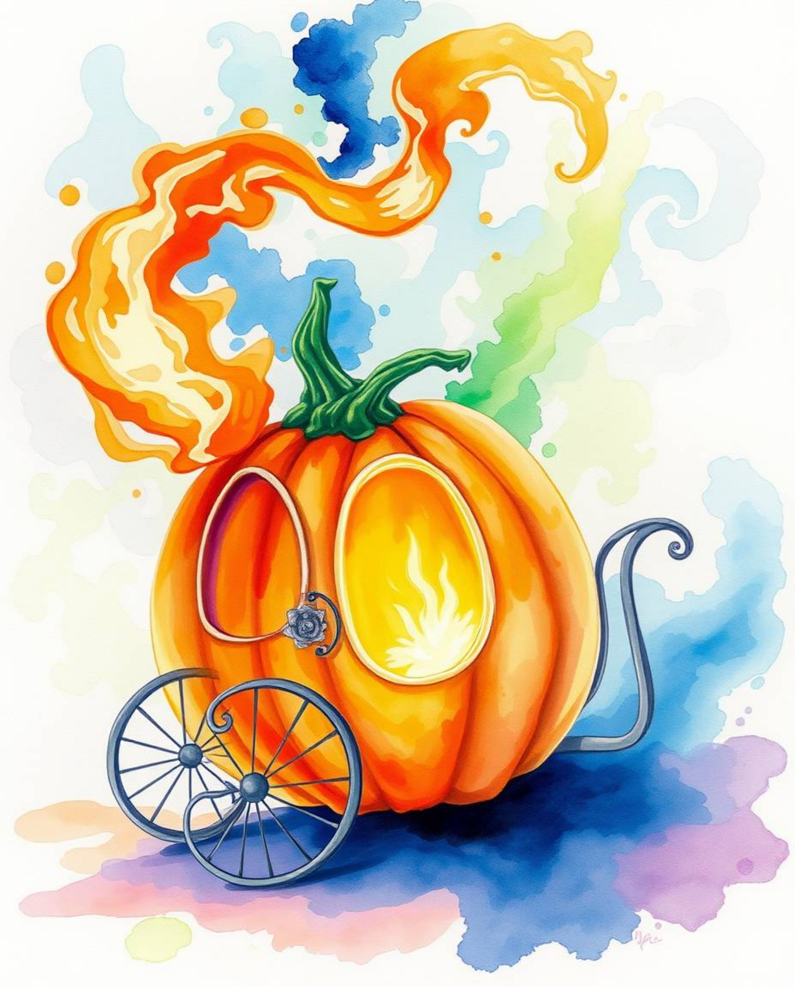 A captivating watercolor painting depicting a magical pumpkin transforming into a vibrant carriage.  The artwork features bri