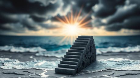 A breathtaking papier-mâché sculpture showcases a dramatic staircase ascending from the ocean towards a stormy sky, illuminat