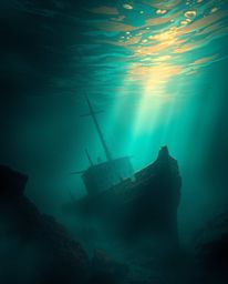 Discover a captivating digital painting of a shipwreck illuminated deep underwater.  The artwork features rich teal tones, a 