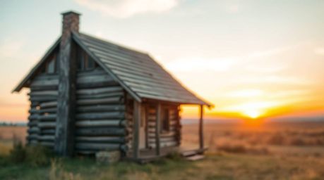 Immerse yourself in the tranquility of an old wooden cabin bathed in the warm hues of sunset. Soft pastel colors and a beauti