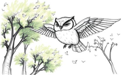 A heartwarming hand-drawn sketch reminiscent of Pixar animation, showcases a gentle, blind owl with feathery plumage gliding 