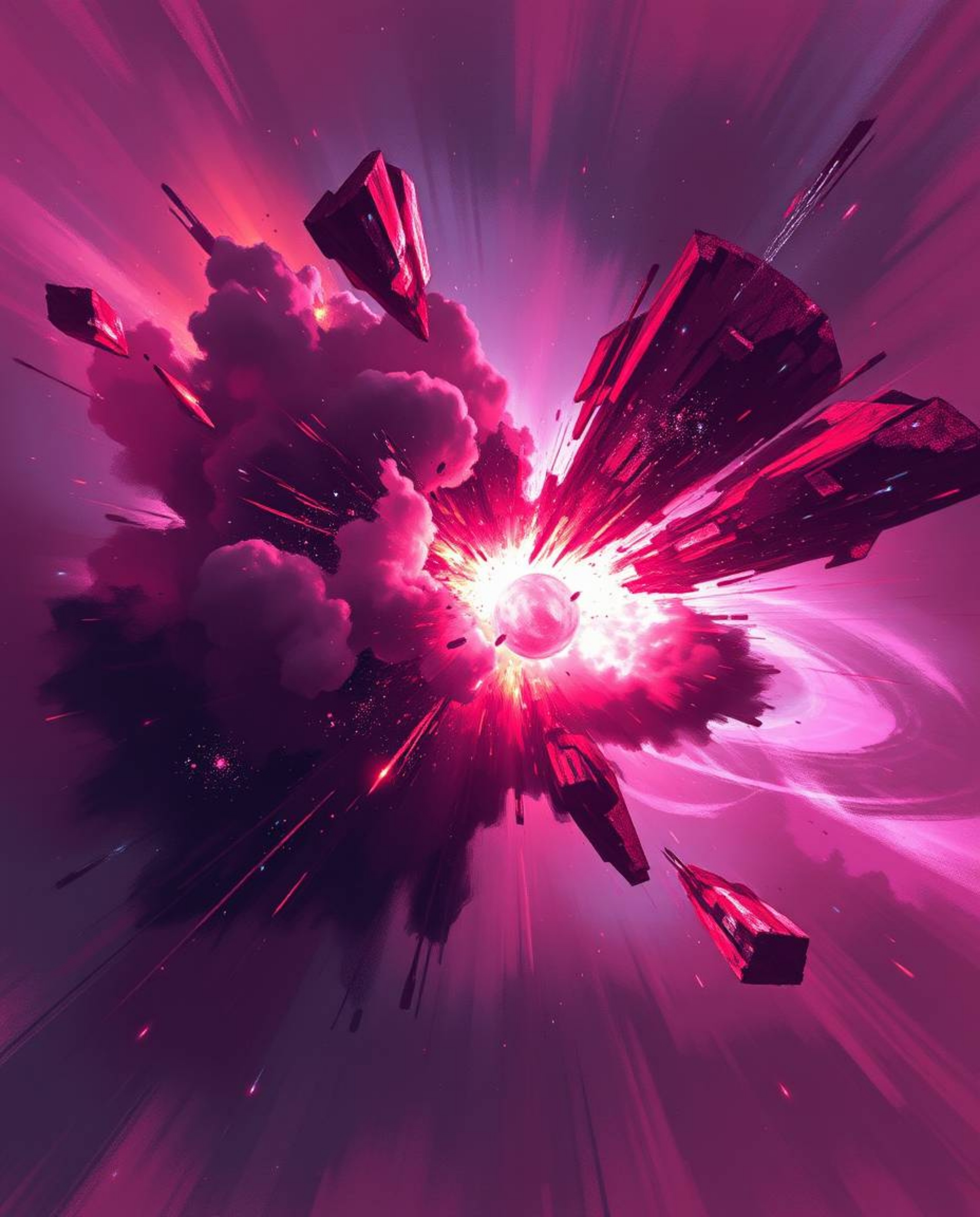 Experience a surreal digital sketch depicting the dramatic collision of galaxies in a cosmic explosion. Rendered in striking 