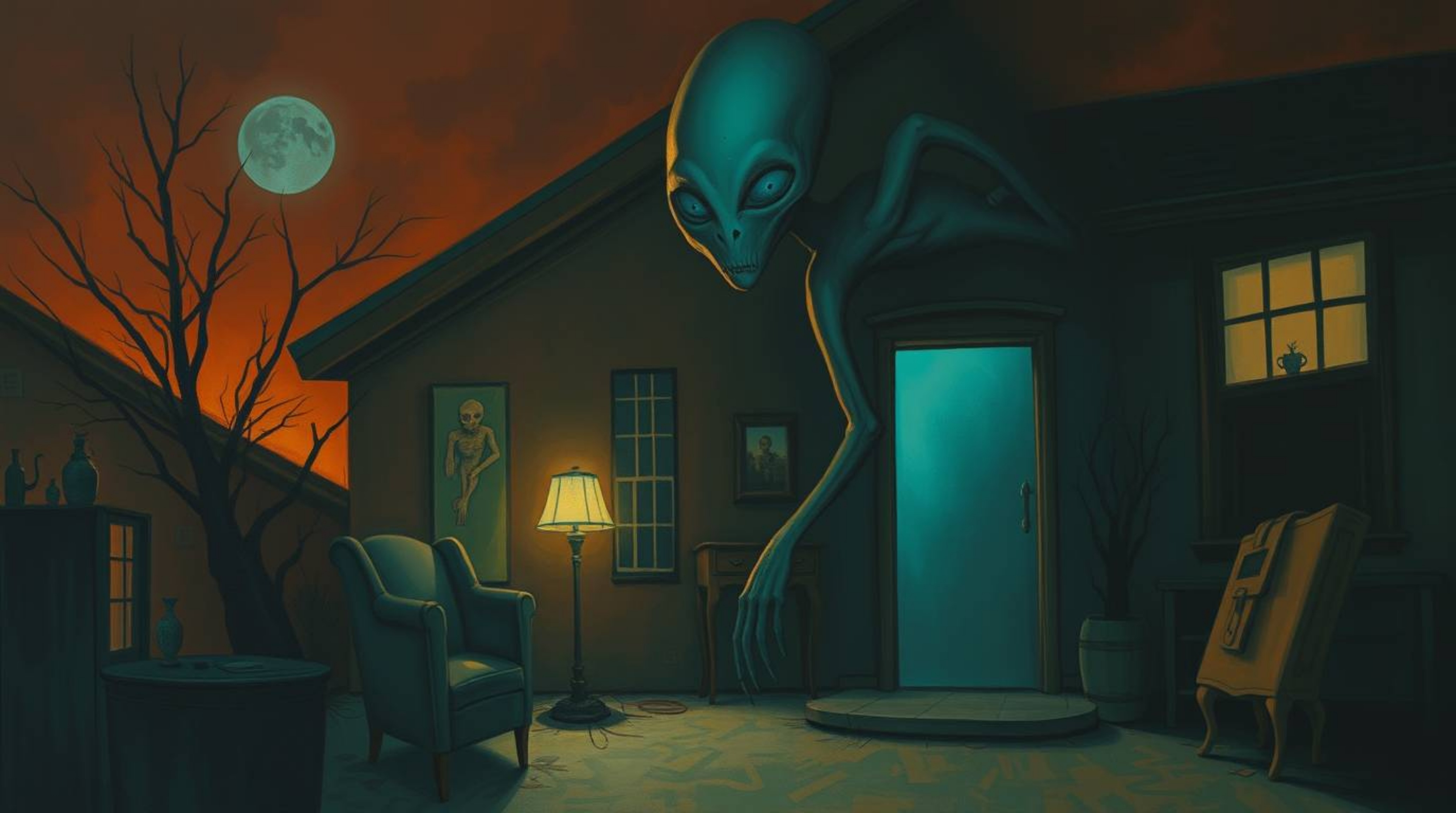 This eerie and creepy painting depicts an alien residing in a seemingly normal suburban house, creating an unsettling juxtapo