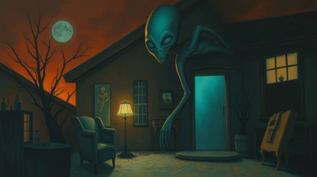 This eerie and creepy painting depicts an alien residing in a seemingly normal suburban house, creating an unsettling juxtapo