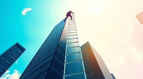 An ethereal illustration depicts a businessperson ascending a transparent ladder that disappears into a vibrant blue sky abov