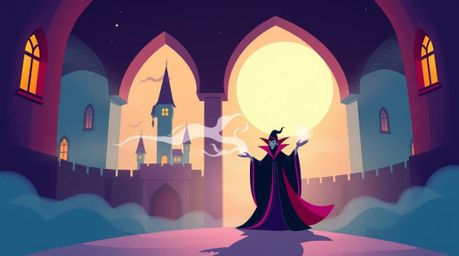 This artwork features a classic Disney villain casting a spell in an old castle, rendered in a modern flat design style with