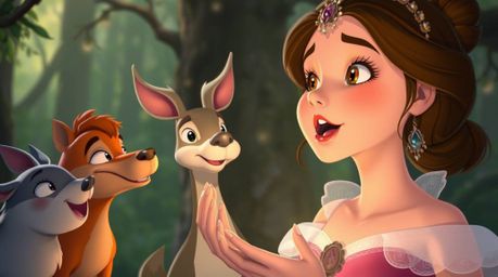 This high-resolution stock photo features a princess with fair skin and expressive features, singing enchantingly alongside f