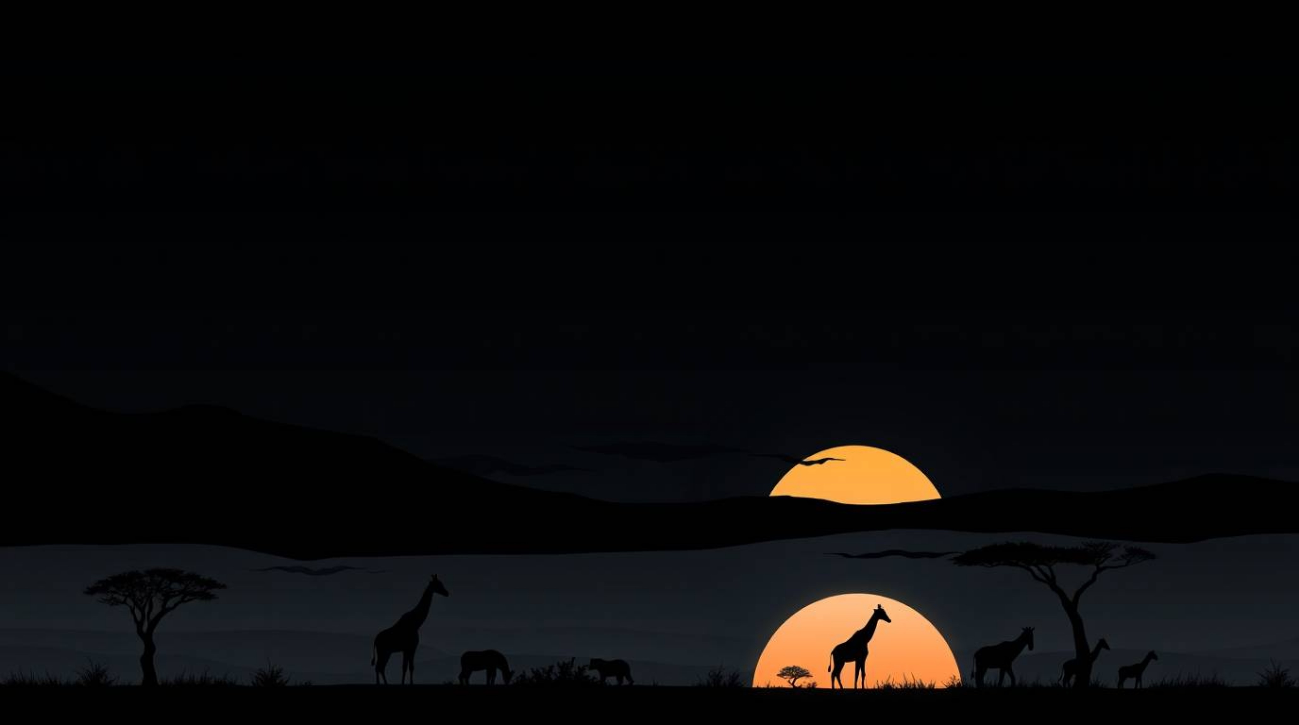 A striking modern flat design showcases a minimalist savanna sunset scene in intense jet black.  Silhouetted giraffes stand a