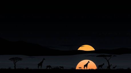A striking modern flat design showcases a minimalist savanna sunset scene in intense jet black.  Silhouetted giraffes stand a