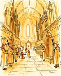 This hand-drawn sketch captures a magical school brimming with young wizards, bathed in warm golden light. The artist utilize