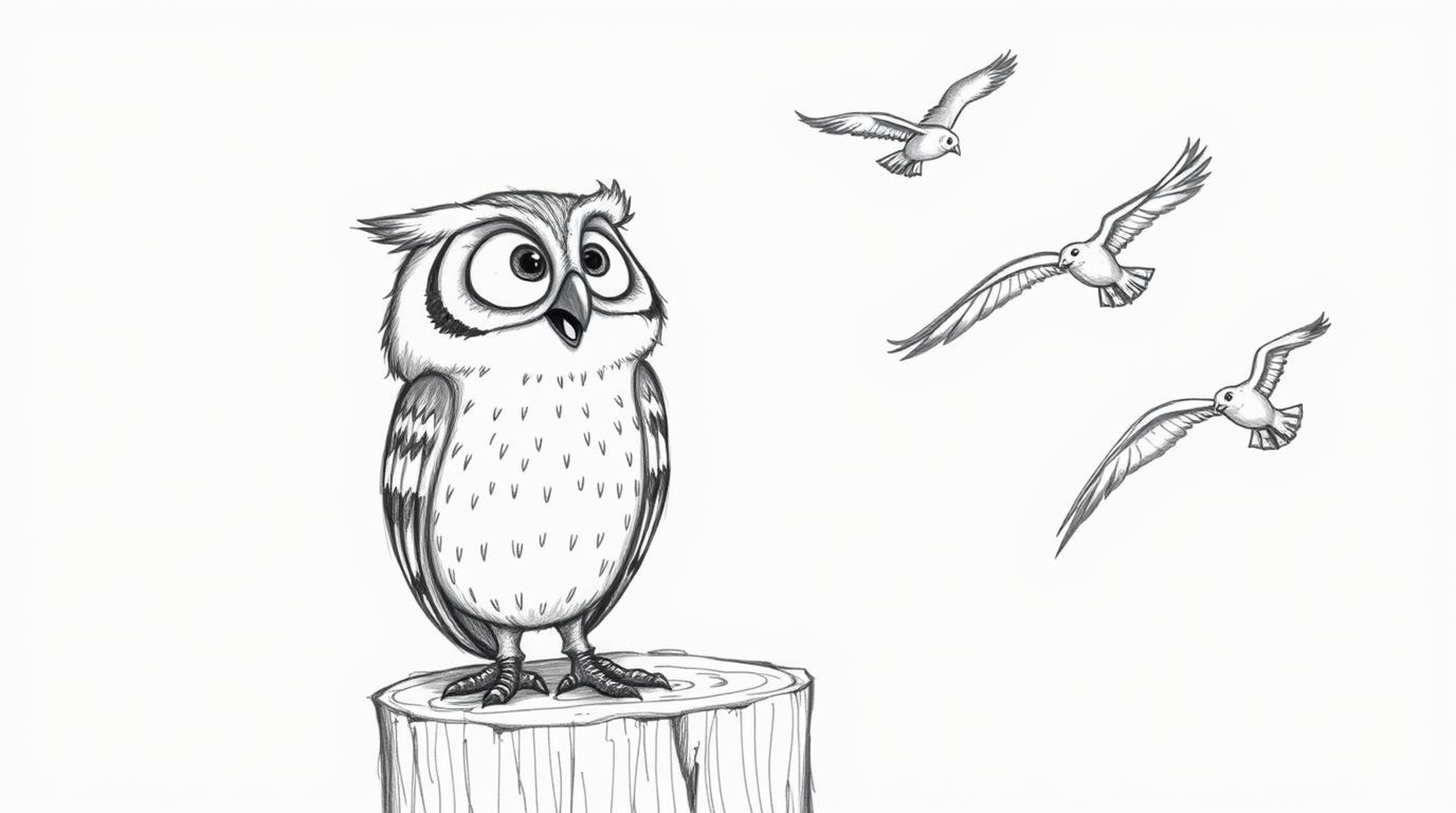 A heartwarming, Pixar-style hand-drawn sketch depicts a blind owl, brimming with joy, perched on a tree stump.  He watches hi