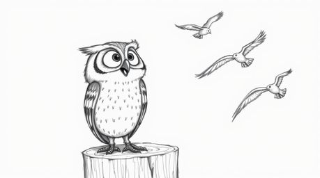 A heartwarming, Pixar-style hand-drawn sketch depicts a blind owl, brimming with joy, perched on a tree stump.  He watches hi
