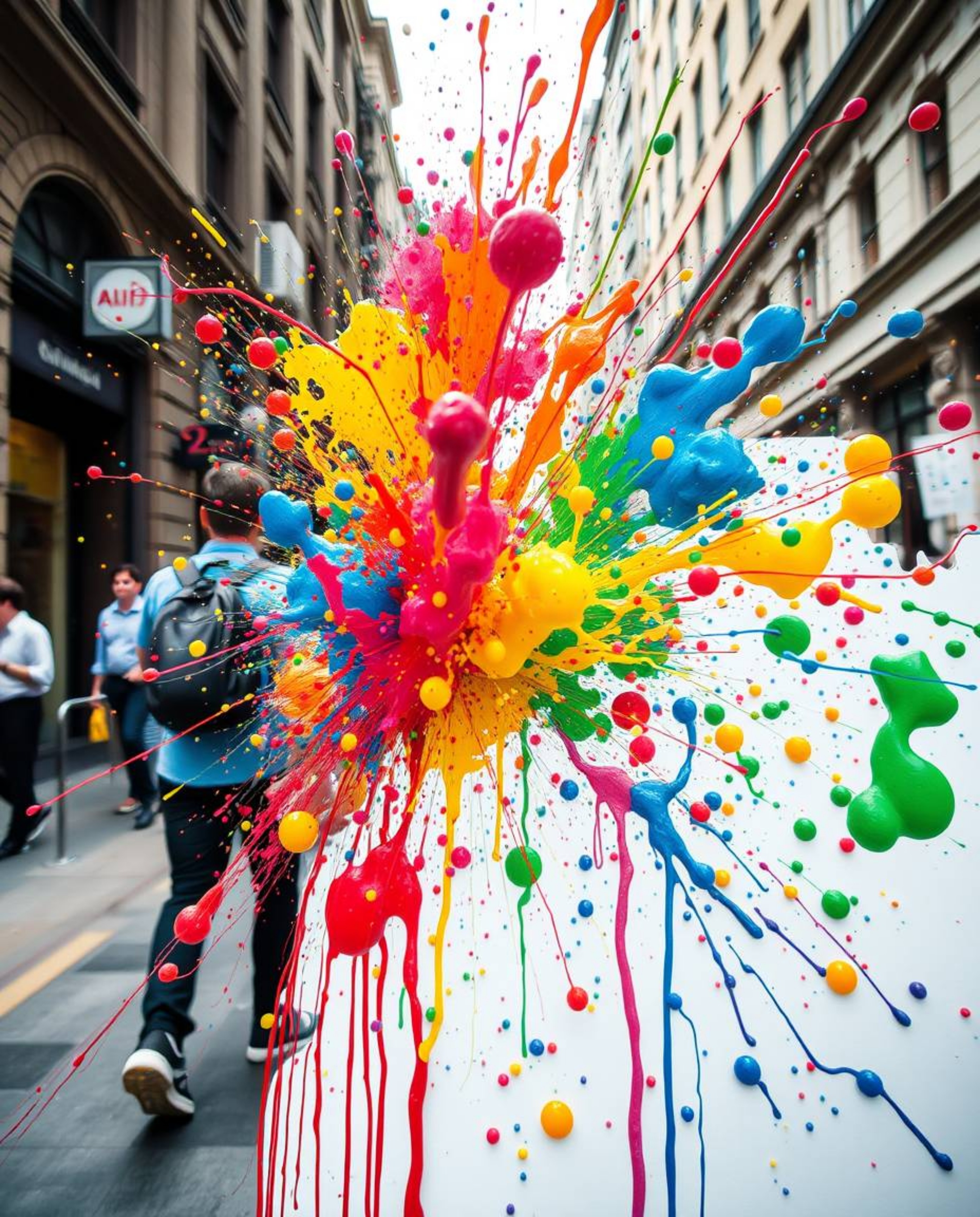 Witness a vibrant explosion of colorful paint splashes against a stark white canvas, meticulously captured in high detail as 