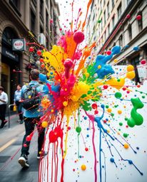 Witness a vibrant explosion of colorful paint splashes against a stark white canvas, meticulously captured in high detail as 
