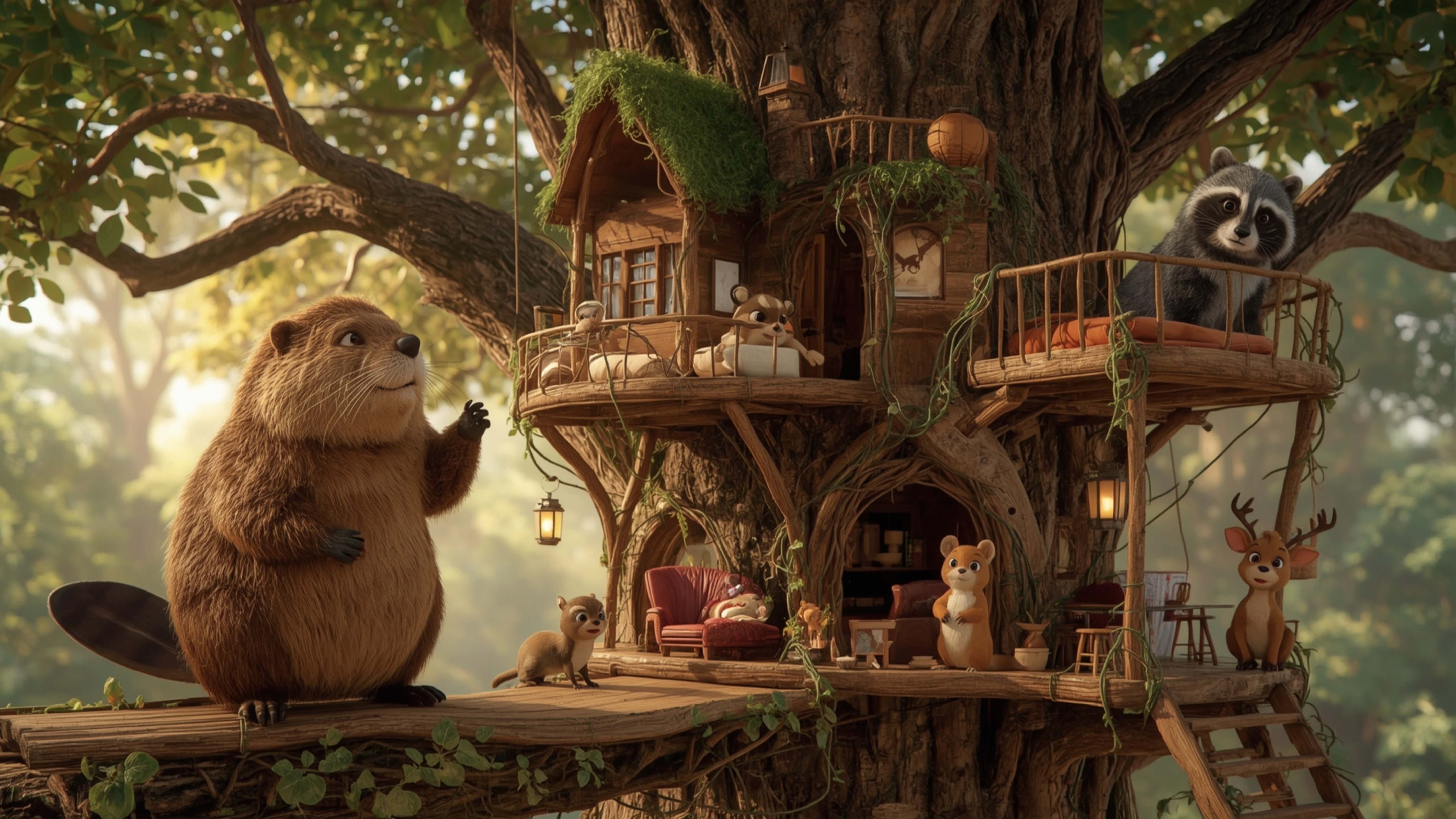 A highly detailed, high-resolution stock photo, reminiscent of Pixar's whimsical style, shows a busy beaver constructing the