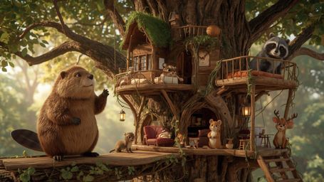 A highly detailed, high-resolution stock photo, reminiscent of Pixar's whimsical style, shows a busy beaver constructing the