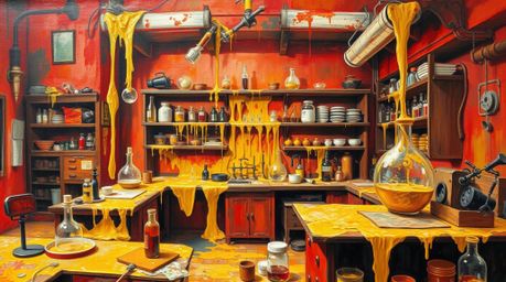 This classic oil painting depicts a slime-covered science lab, rendered in warm colors like reds, oranges, and yellows. The a