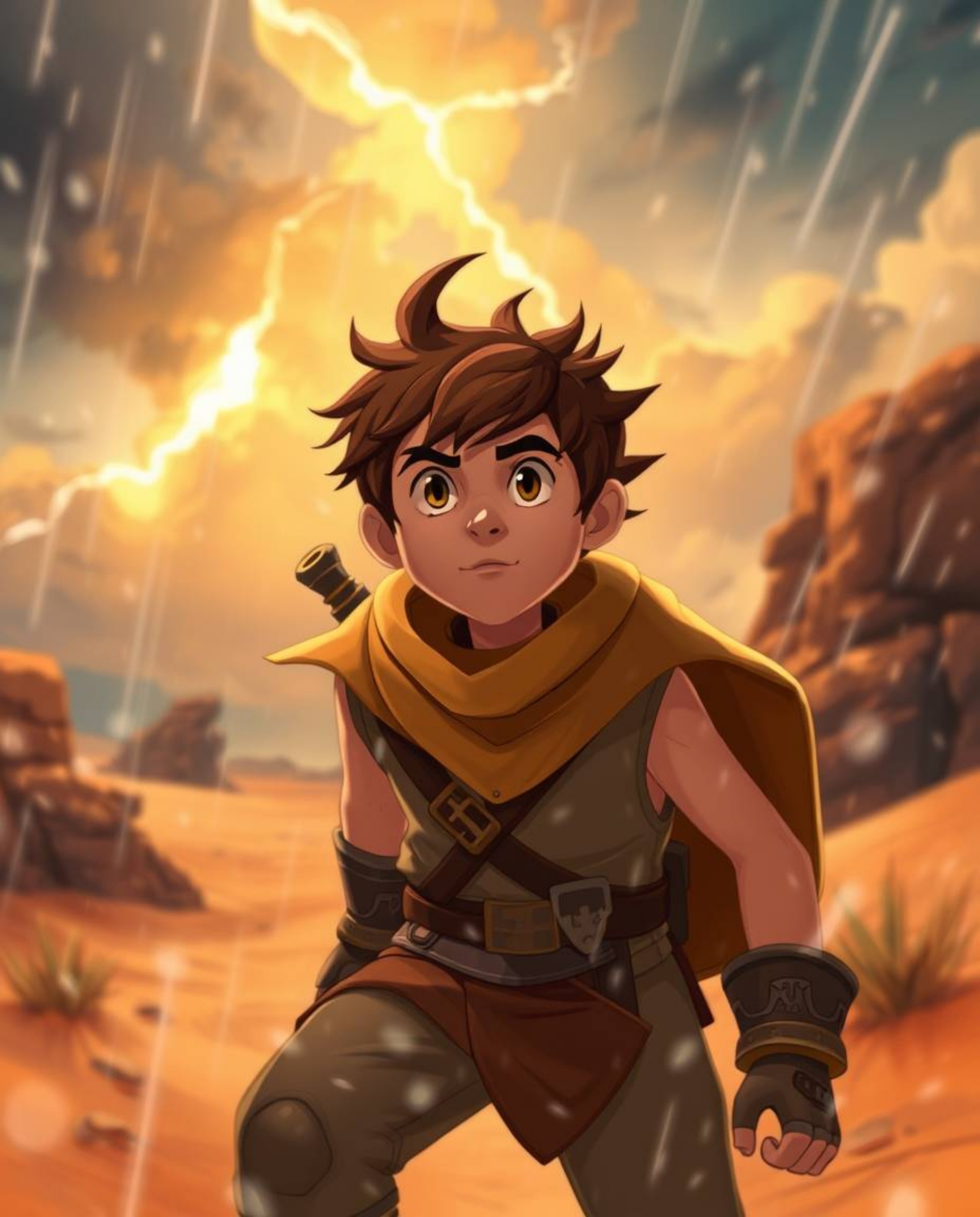 A captivating Disney-style illustration depicts a brave hero facing intense desert weather.  The image features a blurred bok