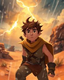 A captivating Disney-style illustration depicts a brave hero facing intense desert weather.  The image features a blurred bok