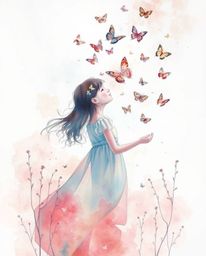 A captivating watercolor painting depicts a girl releasing ethereal butterflies into the air.  The artwork features surreal i