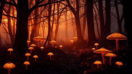 Step into a sophisticated and elegant vintage-style enchanted forest.  Glowing mushrooms illuminate a scene bathed in warm go